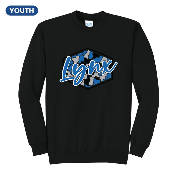 Oley Valley Lynx Camo Script youth crewneck sweatshirt in Jet Black: Lynx in bold script over a blue, grey and black camo hexagon