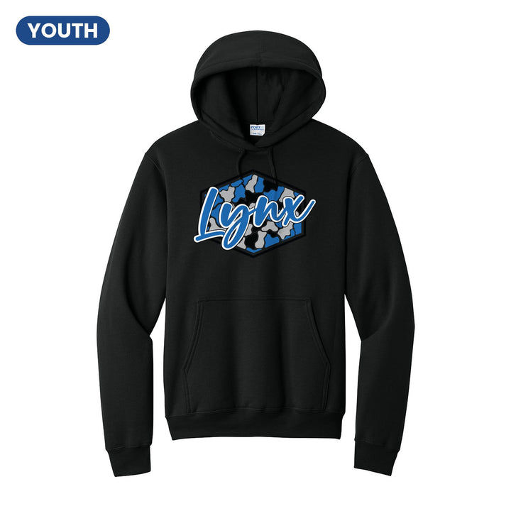 Oley Valley Lynx Camo Script youth hoodie in Jet Black: Lynx in bold script over a blue, grey and black camo hexagon
