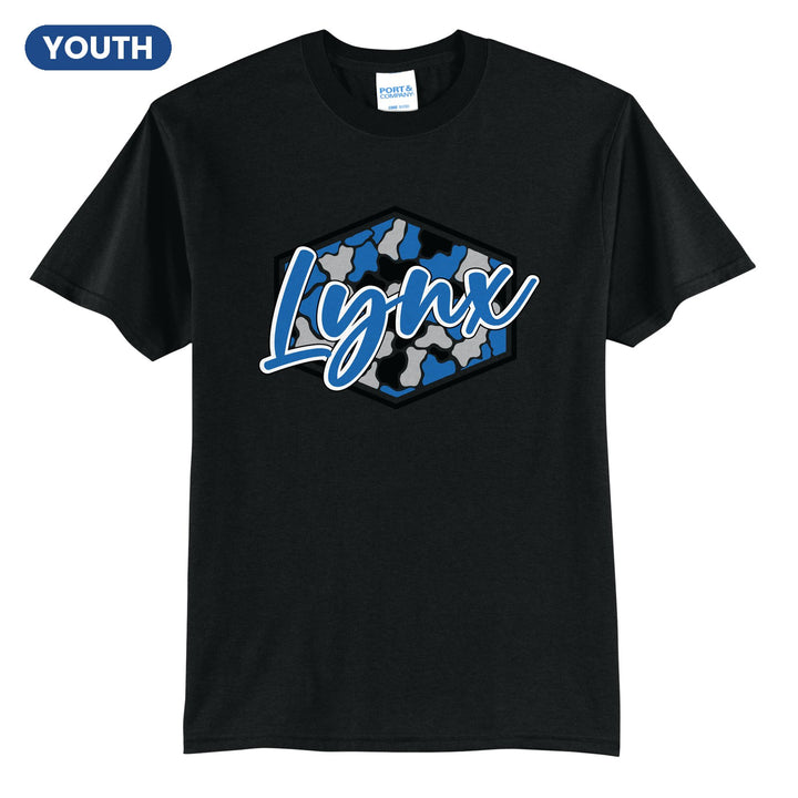 Oley Valley Lynx Camo Script youth t-shirt in Jet Black: Lynx in bold script over a blue, grey and black camo hexagon
