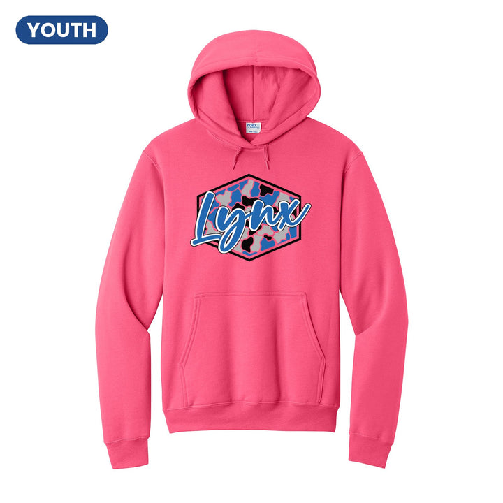 Oley Valley Lynx Camo Script youth hoodie in Neon Pink: Lynx in bold script over a blue, grey and black camo hexagon