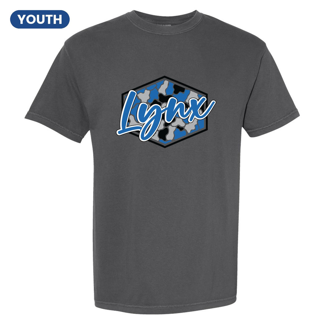 Oley Valley Lynx Camo Script youth comfort colors t-shirt in Pepper: Lynx in bold script over a blue, grey and black camo hexagon