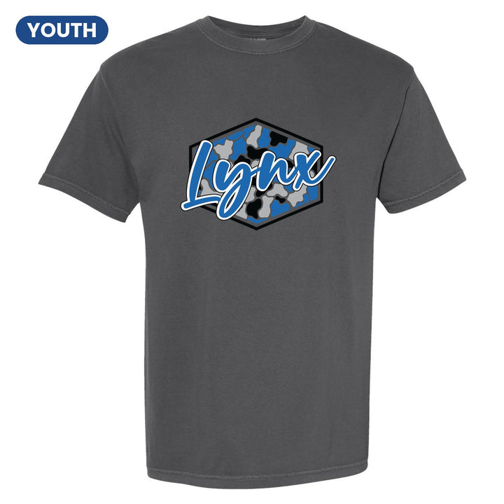 Oley Valley Lynx Camo Script youth comfort colors t-shirt in Pepper: Lynx in bold script over a blue, grey and black camo hexagon