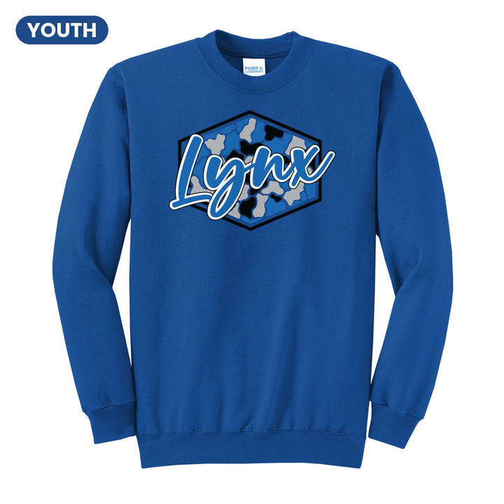 Oley Valley Lynx Camo Script youth crewneck sweatshirt in Royal: Lynx in bold script over a blue, grey and black camo hexagon