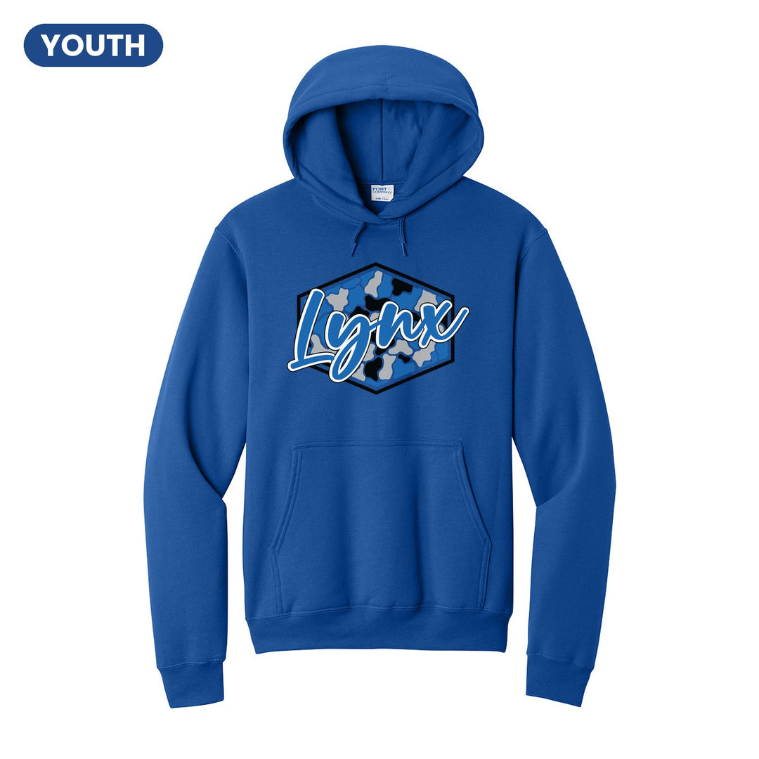Oley Valley Lynx Camo Script youth hoodie in Royal: Lynx in bold script over a blue, grey and black camo hexagon