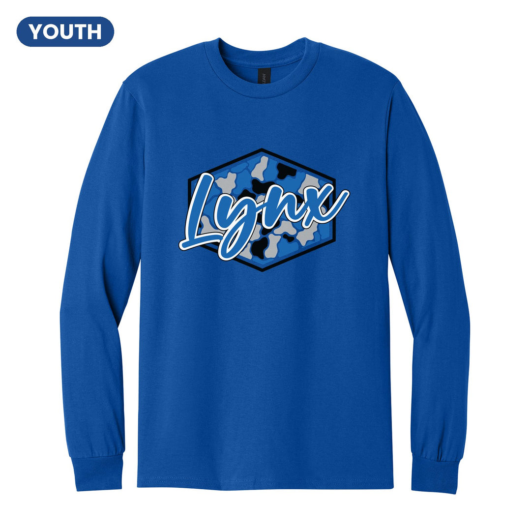 Oley Valley Lynx Camo Script youth long sleeve t-shirt in Royal: Lynx in bold script over a blue, grey and black camo hexagon