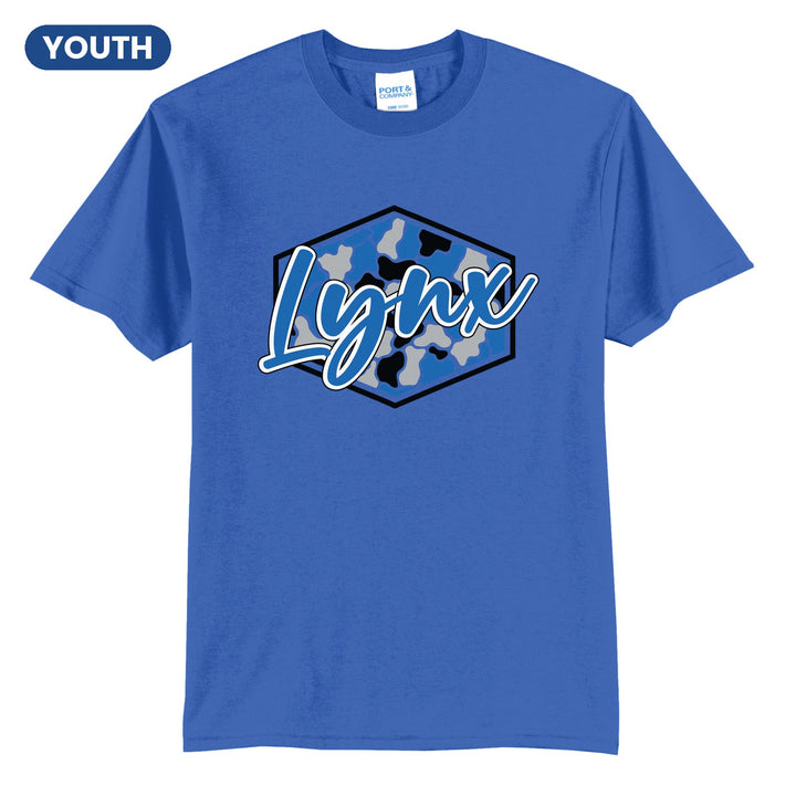 Oley Valley Lynx Camo Script youth t-shirt in Royal: Lynx in bold script over a blue, grey and black camo hexagon