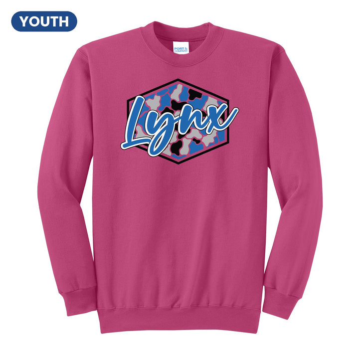 Oley Valley Lynx Camo Script youth crewneck sweatshirt in Sangria: Lynx in bold script over a blue, grey and black camo hexagon