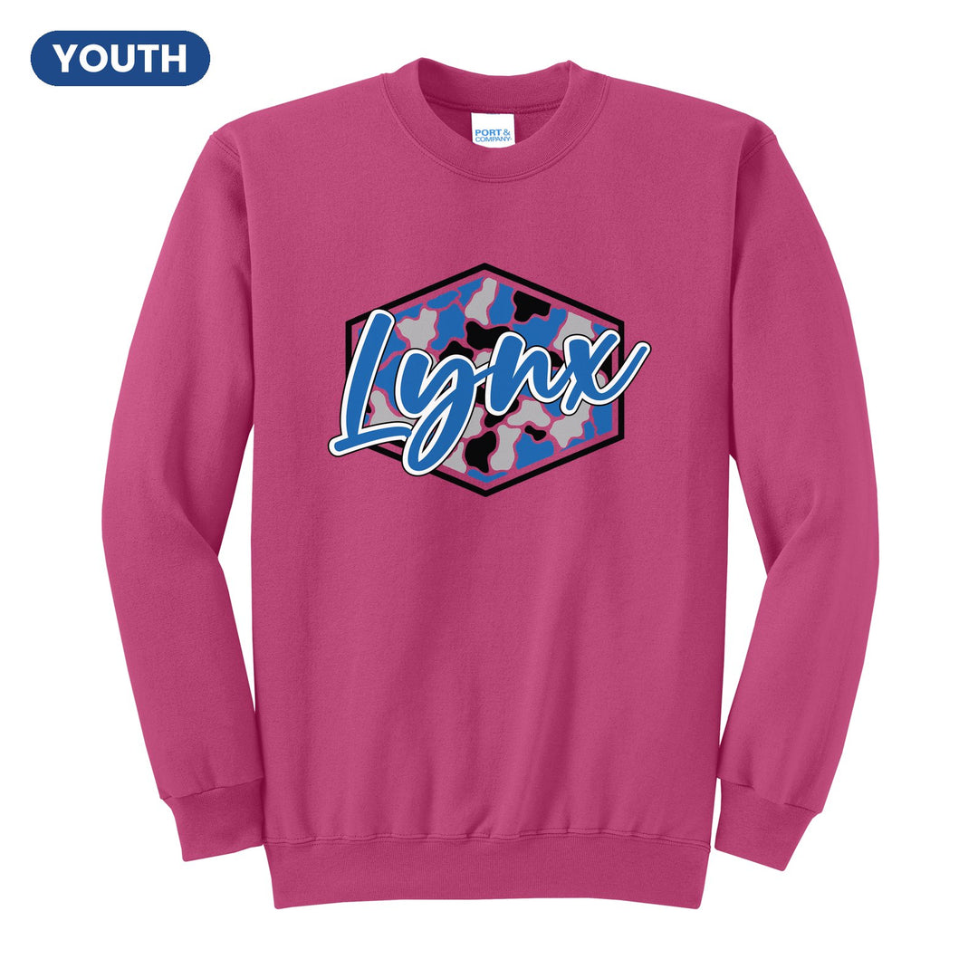 Oley Valley Lynx Camo Script youth crewneck sweatshirt in Sangria: Lynx in bold script over a blue, grey and black camo hexagon