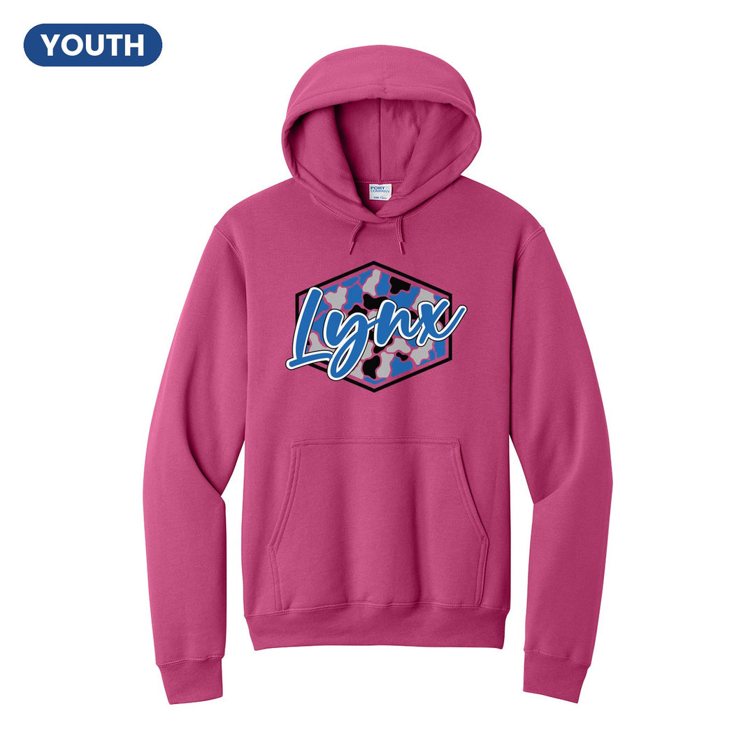 Oley Valley Lynx Camo Script youth hoodie in Sangria: Lynx in bold script over a blue, grey and black camo hexagon
