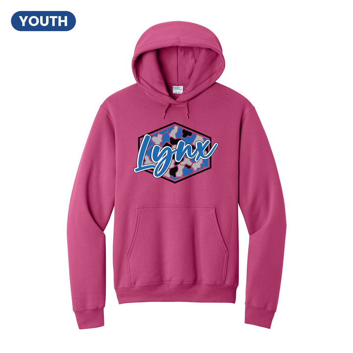 Oley Valley Lynx Camo Script youth hoodie in Sangria: Lynx in bold script over a blue, grey and black camo hexagon
