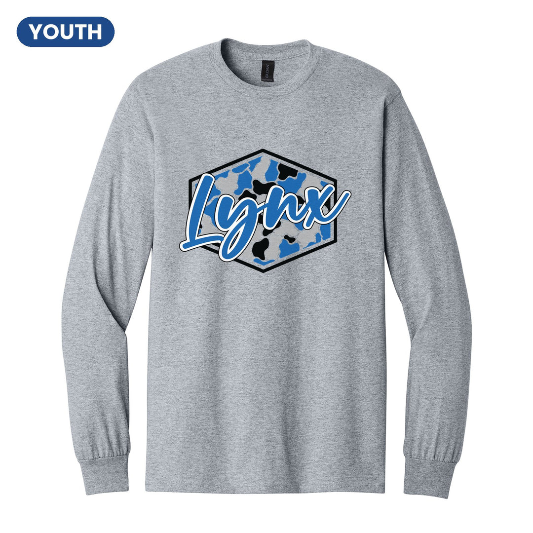 Oley Valley Lynx Camo Script youth long sleeve t-shirt in Sport Grey: Lynx in bold script over a blue, grey and black camo hexagon