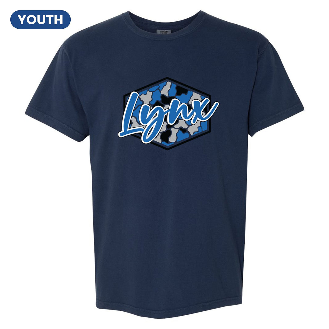 Oley Valley Lynx Camo Script youth comfort colors t-shirt in True Navy: Lynx in bold script over a blue, grey and black camo hexagon