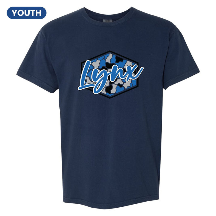 Oley Valley Lynx Camo Script youth comfort colors t-shirt in True Navy: Lynx in bold script over a blue, grey and black camo hexagon