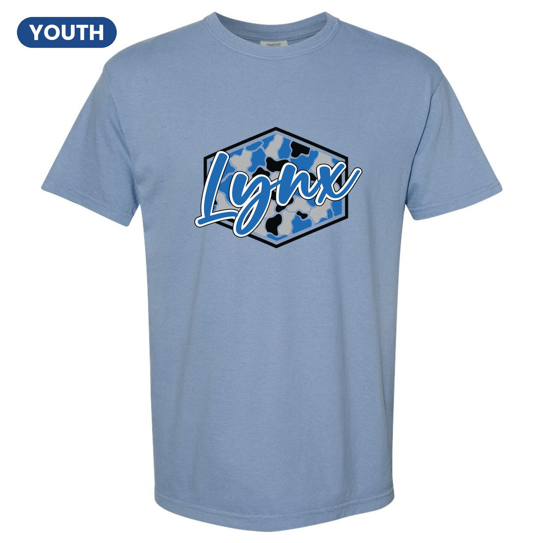 Oley Valley Lynx Camo Script youth comfort colors t-shirt in Washed Denim: Lynx in bold script over a blue, grey and black camo hexagon