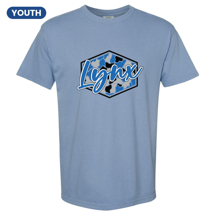 Oley Valley Lynx Camo Script youth comfort colors t-shirt in Washed Denim: Lynx in bold script over a blue, grey and black camo hexagon