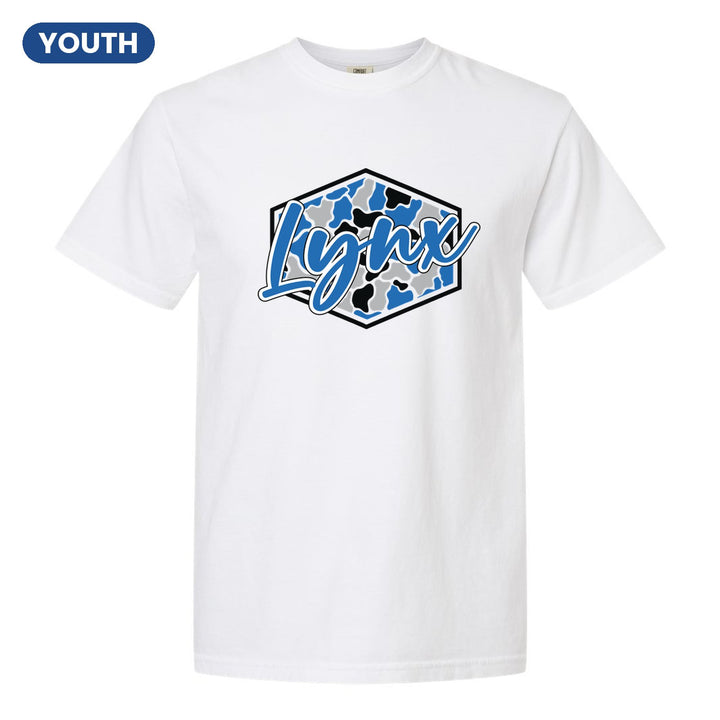Oley Valley Lynx Camo Script youth comfort colors t-shirt in White: Lynx in bold script over a blue, grey and black camo hexagon