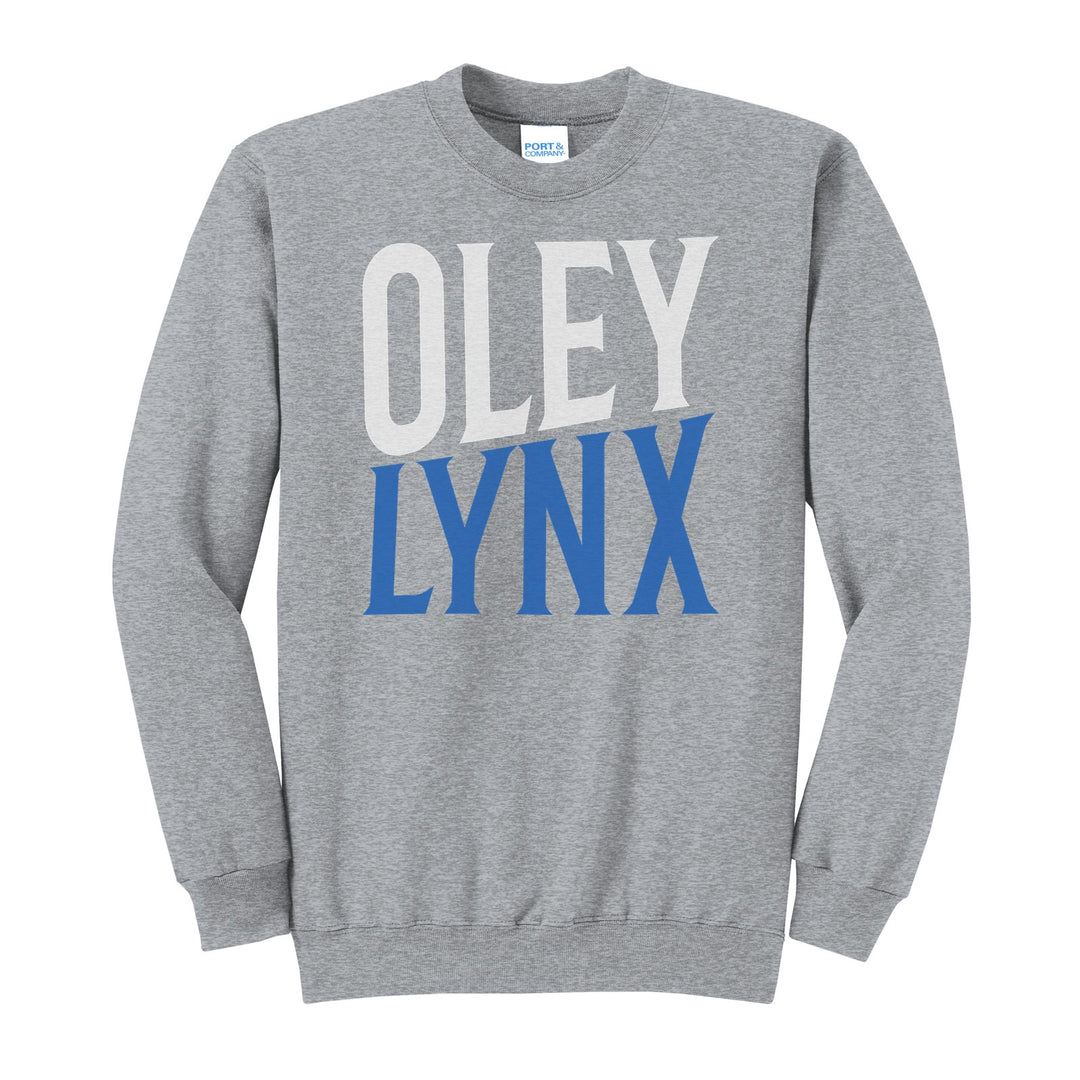 Oley Valley Lynx Block Stack crewneck sweatshirt in Athletic Heather: tall OLEY stacked over LYNX in condensed block letters