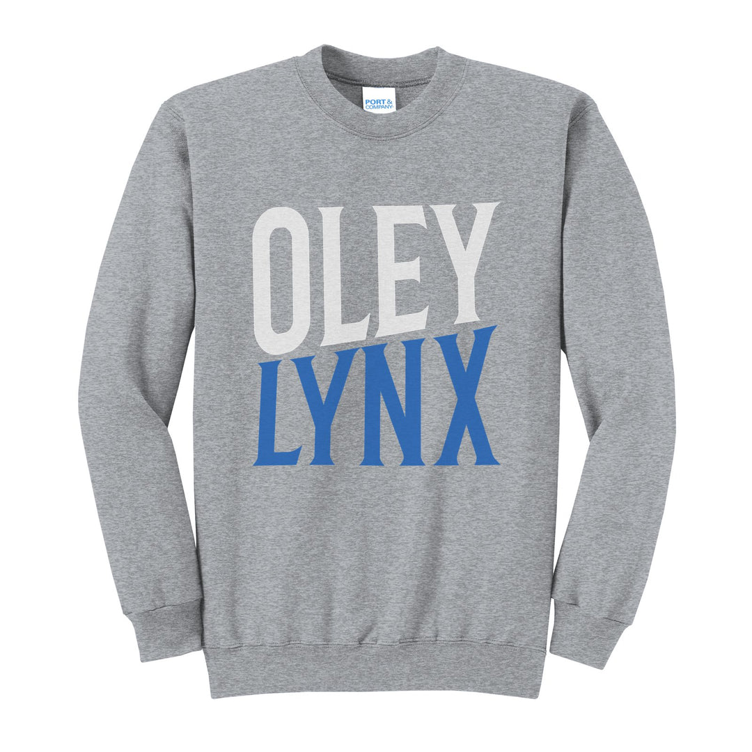 Oley Valley Lynx Block Stack crewneck sweatshirt in Athletic Heather: tall OLEY stacked over LYNX in condensed block letters