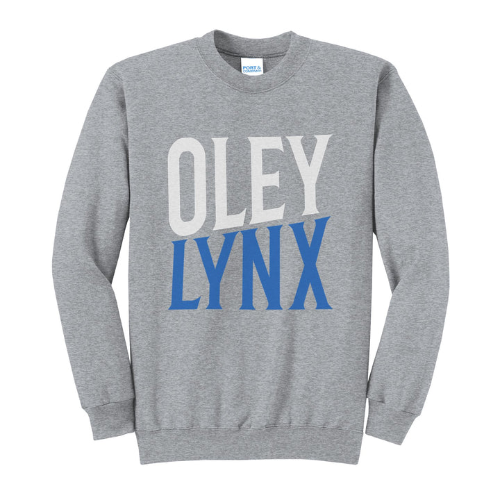 Oley Valley Lynx Block Stack crewneck sweatshirt in Athletic Heather: tall OLEY stacked over LYNX in condensed block letters