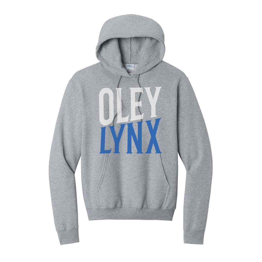 Oley Valley Lynx Block Stack hoodie in Athletic Heather: tall OLEY stacked over LYNX in condensed block letters