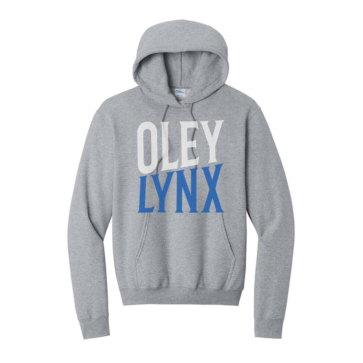 Oley Valley Lynx Block Stack hoodie in Athletic Heather: tall OLEY stacked over LYNX in condensed block letters