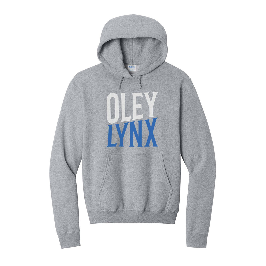 Oley Valley Lynx Block Stack hoodie in Athletic Heather: tall OLEY stacked over LYNX in condensed block letters