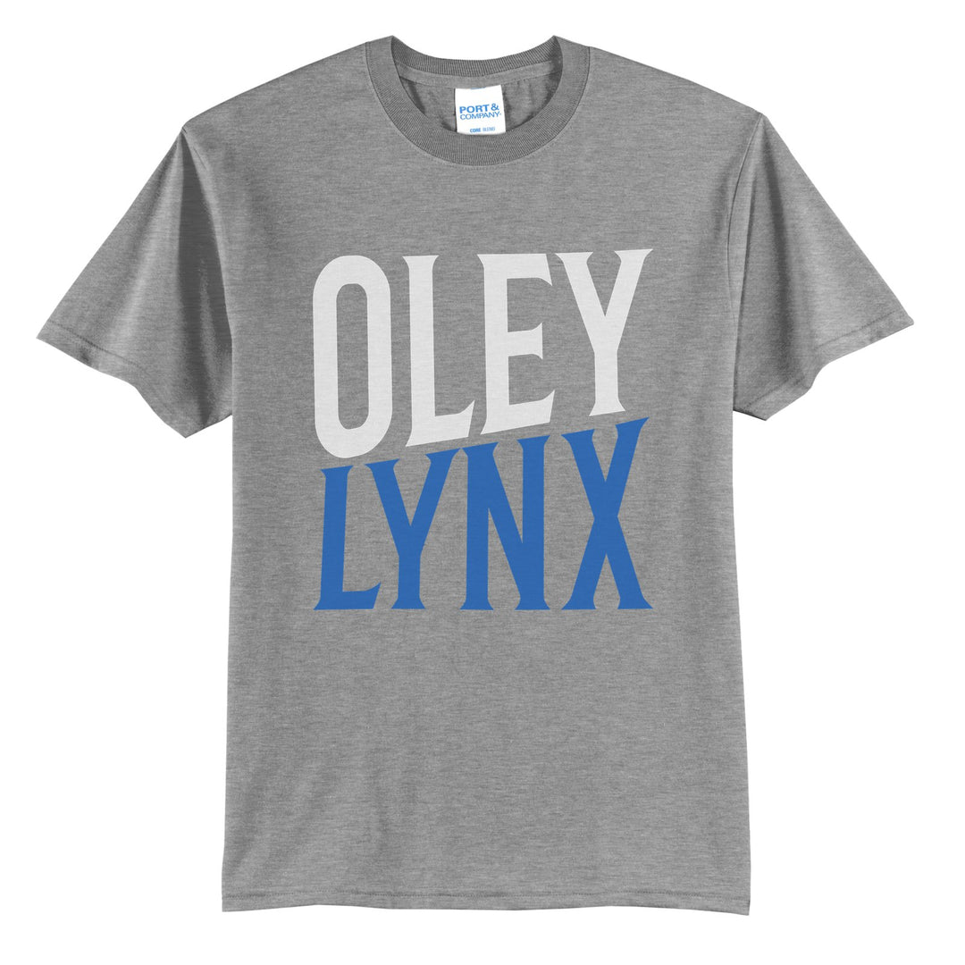 Oley Valley Lynx Block Stack t-shirt in Athletic Heather: tall OLEY stacked over LYNX in condensed block letters