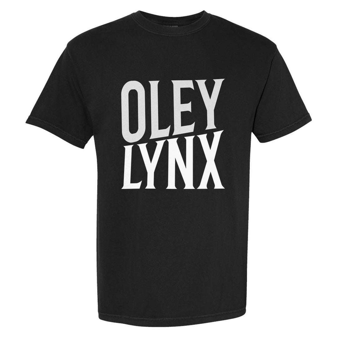 Oley Valley Lynx Block Stack comfort colors t-shirt in Black: tall OLEY stacked over LYNX in condensed block letters