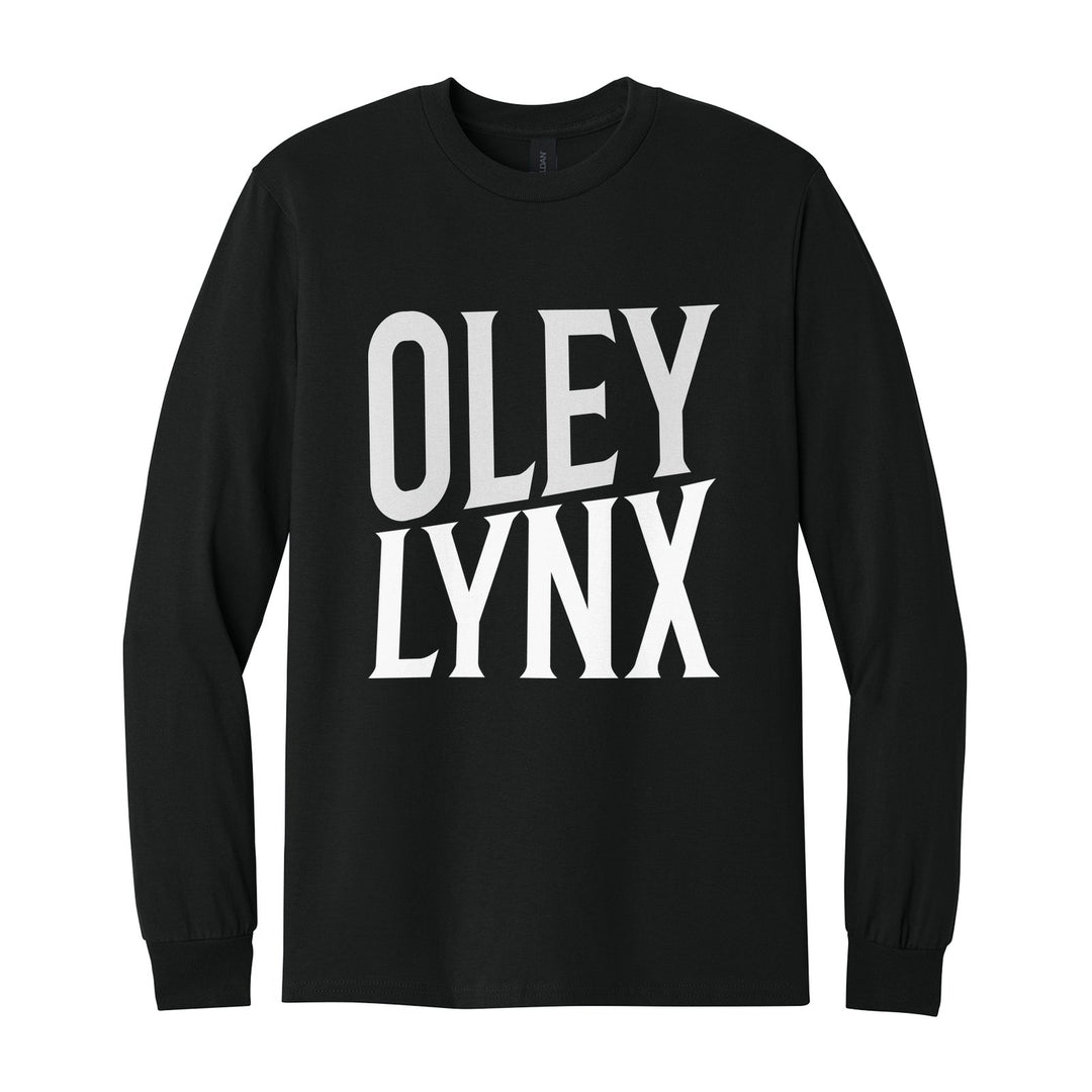 Oley Valley Lynx Block Stack long sleeve t-shirt in Black: tall OLEY stacked over LYNX in condensed block letters