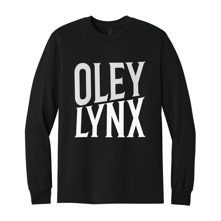 Oley Valley Lynx Block Stack long sleeve t-shirt in Black: tall OLEY stacked over LYNX in condensed block letters