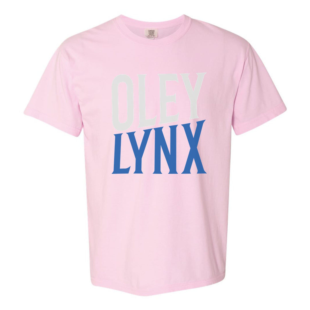Oley Valley Lynx Block Stack comfort colors t-shirt in Blossom: tall OLEY stacked over LYNX in condensed block letters