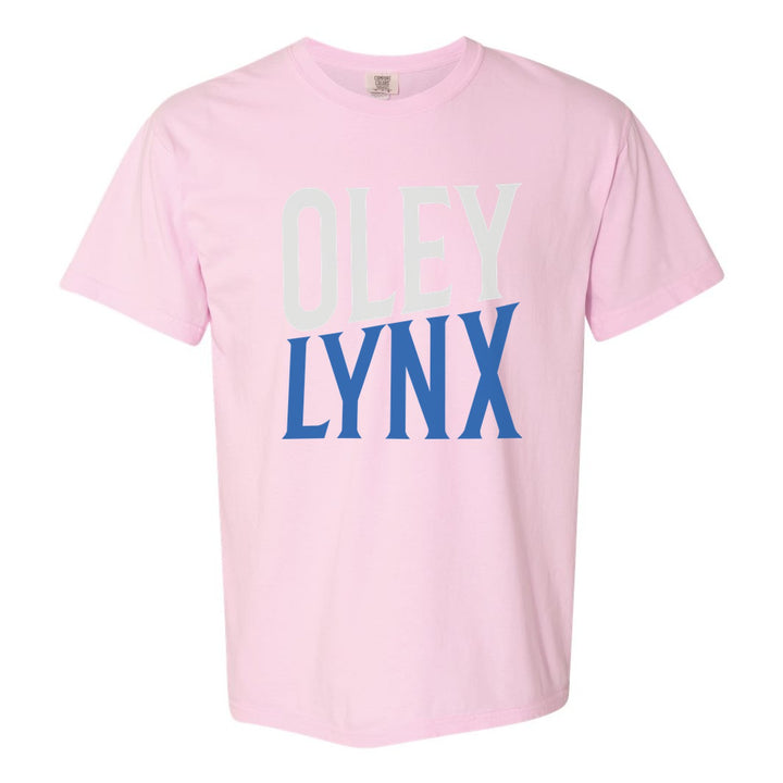 Oley Valley Lynx Block Stack comfort colors t-shirt in Blossom: tall OLEY stacked over LYNX in condensed block letters