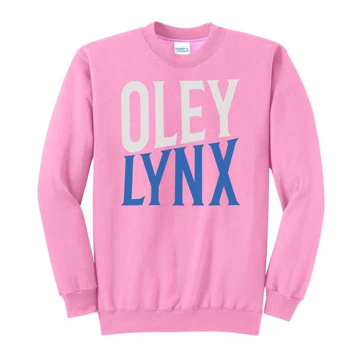 Oley Valley Lynx Block Stack crewneck sweatshirt in Candy Pink: tall OLEY stacked over LYNX in condensed block letters
