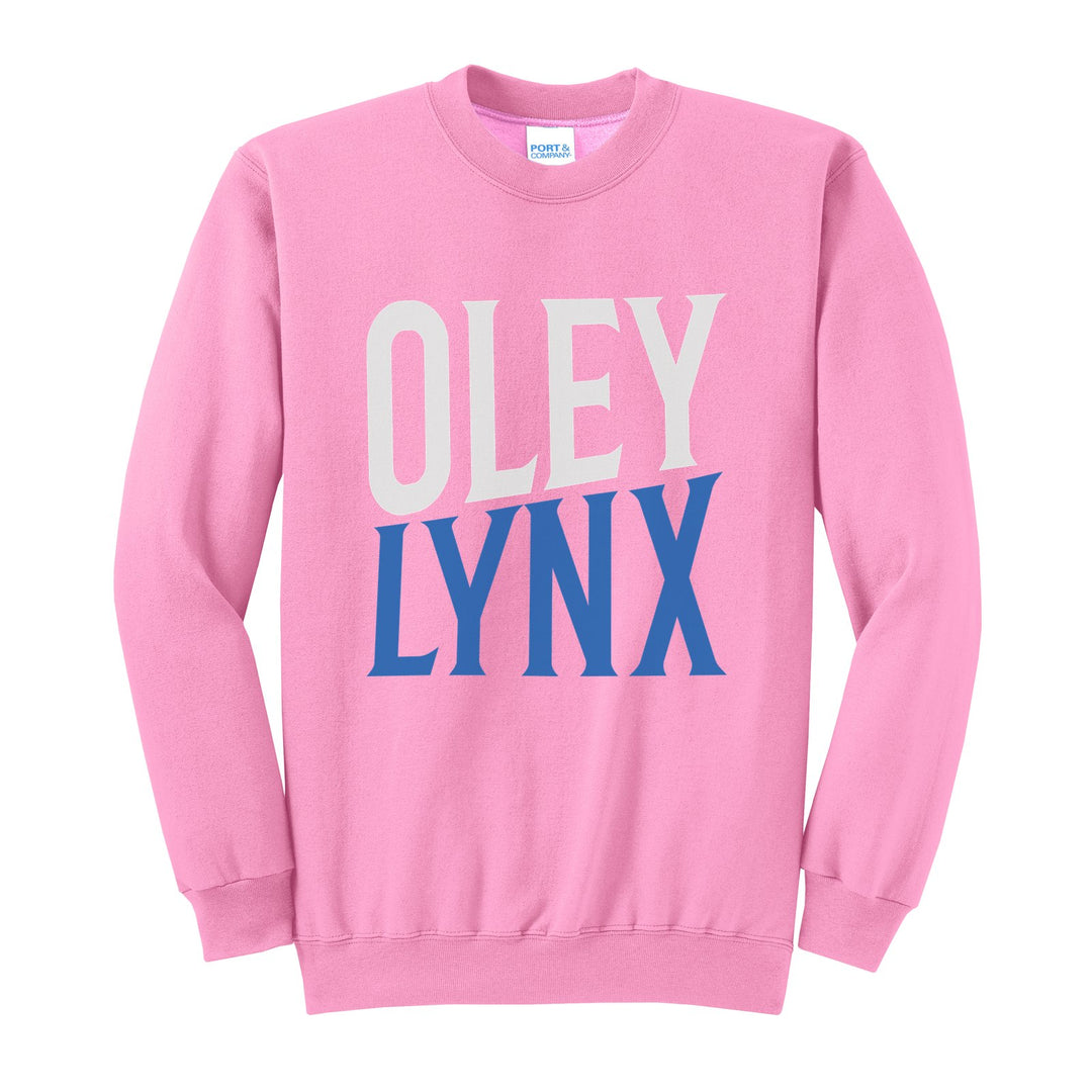 Oley Valley Lynx Block Stack crewneck sweatshirt in Candy Pink: tall OLEY stacked over LYNX in condensed block letters