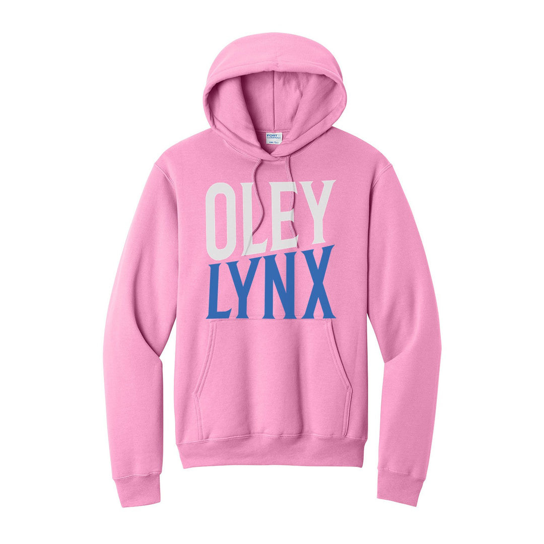 Oley Valley Lynx Block Stack hoodie in Candy Pink: tall OLEY stacked over LYNX in condensed block letters