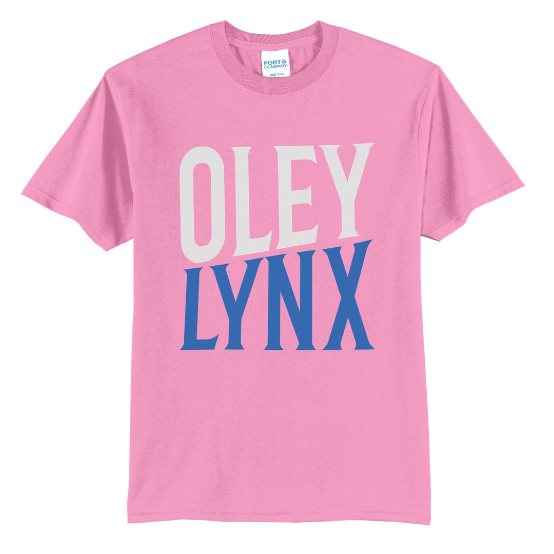 Oley Valley Lynx Block Stack t-shirt in Candy Pink: tall OLEY stacked over LYNX in condensed block letters