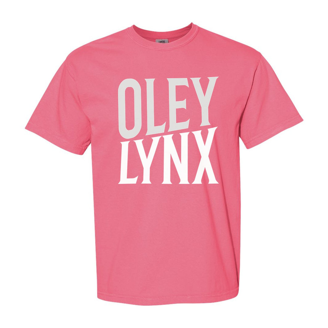 Oley Valley Lynx Block Stack comfort colors t-shirt in Crunchberry: tall OLEY stacked over LYNX in condensed block letters