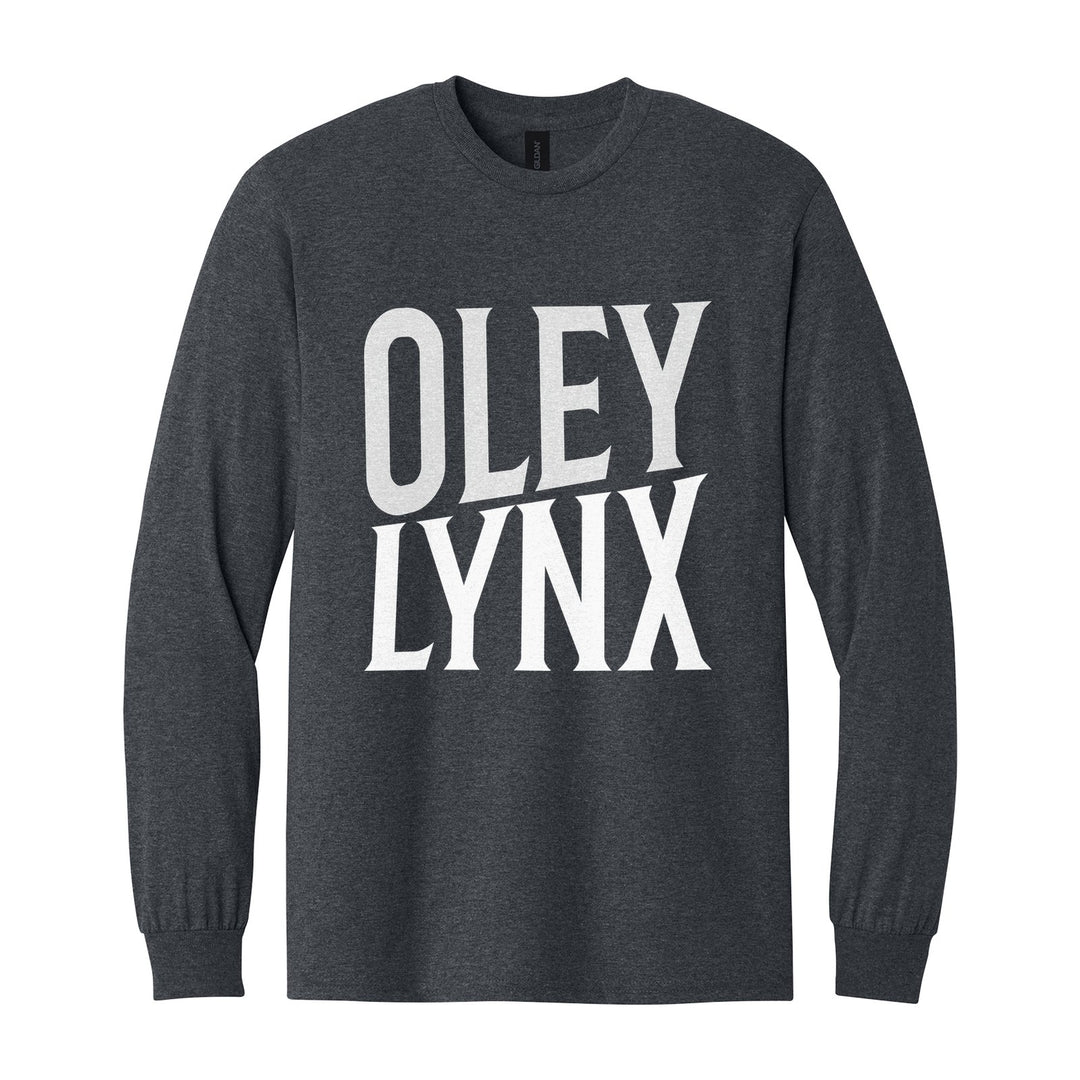Oley Valley Lynx Block Stack long sleeve t-shirt in Dark Heather: tall OLEY stacked over LYNX in condensed block letters