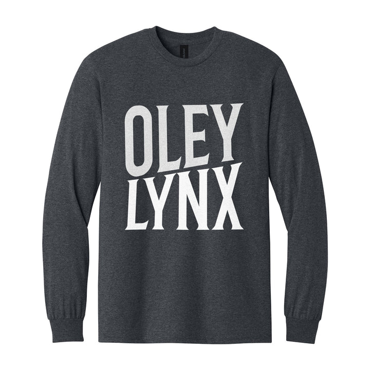 Oley Valley Lynx Block Stack long sleeve t-shirt in Dark Heather: tall OLEY stacked over LYNX in condensed block letters