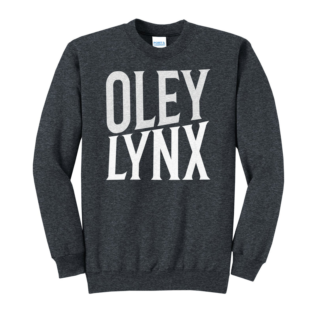 Oley Valley Lynx Block Stack crewneck sweatshirt in Dark Heather Grey: tall OLEY stacked over LYNX in condensed block letters