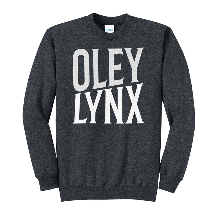 Oley Valley Lynx Block Stack crewneck sweatshirt in Dark Heather Grey: tall OLEY stacked over LYNX in condensed block letters