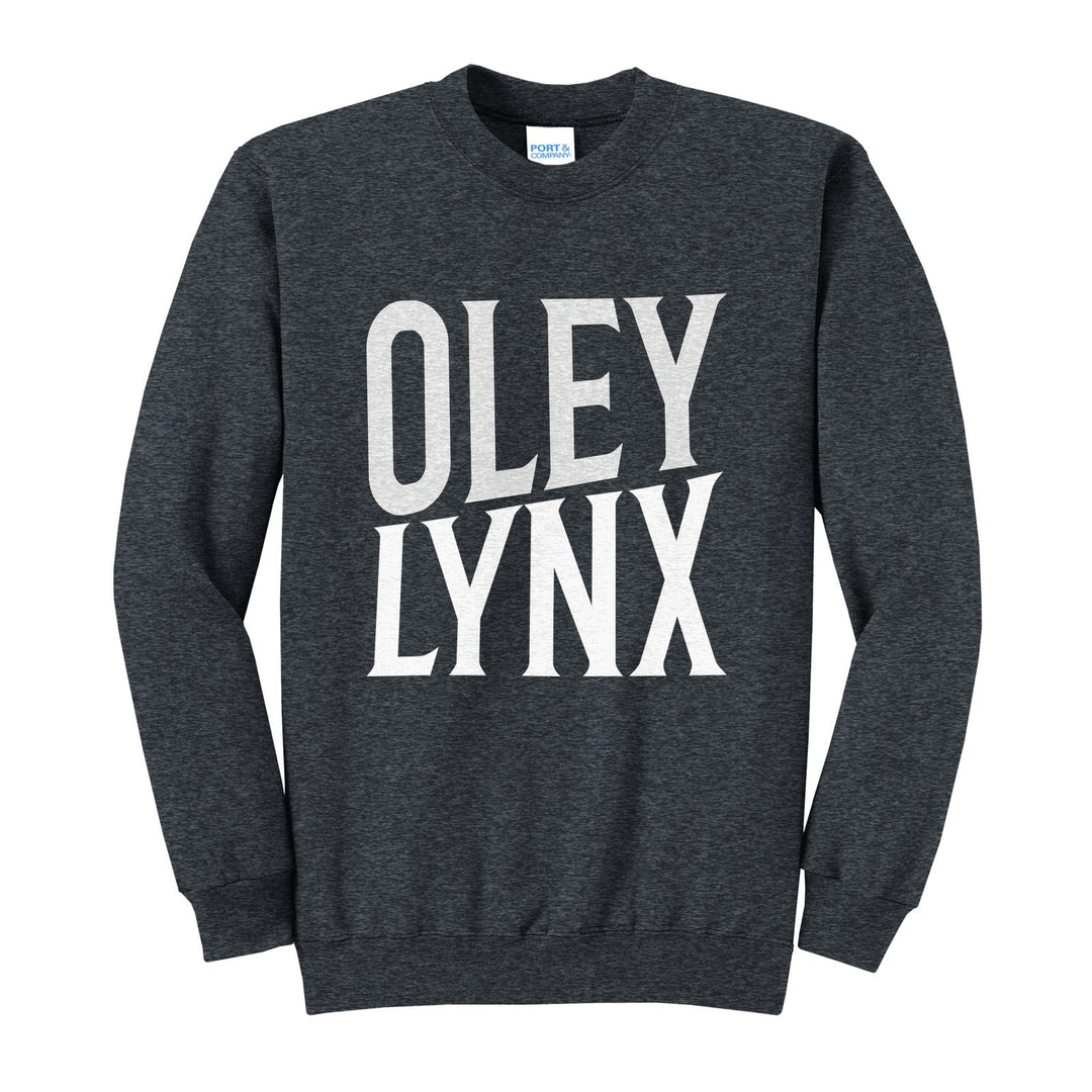 Oley Valley Lynx Block Stack crewneck sweatshirt in Dark Heather Grey: tall OLEY stacked over LYNX in condensed block letters