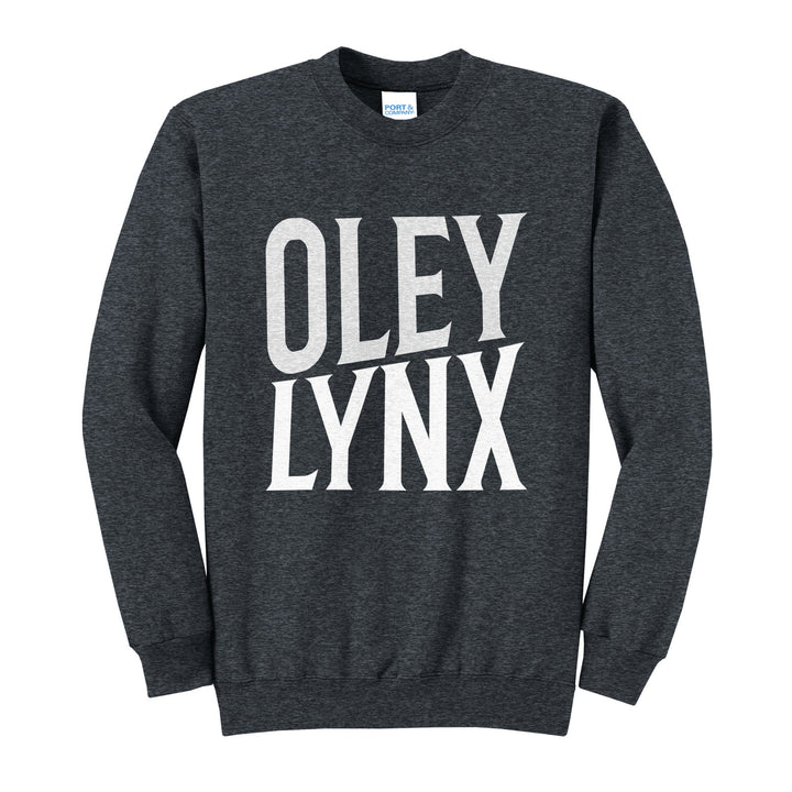 Oley Valley Lynx Block Stack crewneck sweatshirt in Dark Heather Grey: tall OLEY stacked over LYNX in condensed block letters