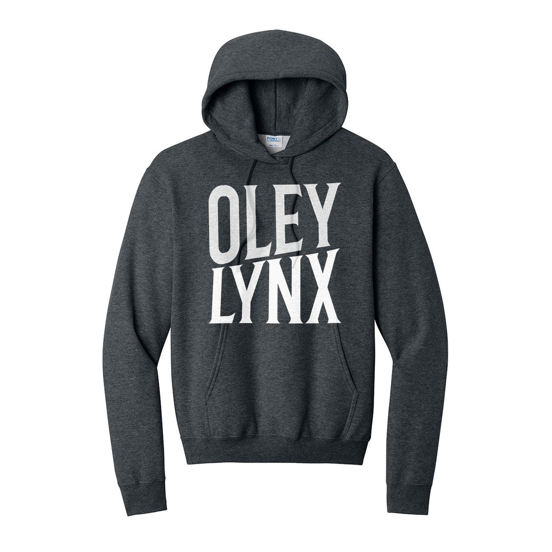 Oley Valley Lynx Block Stack hoodie in Dark Heather Grey: tall OLEY stacked over LYNX in condensed block letters