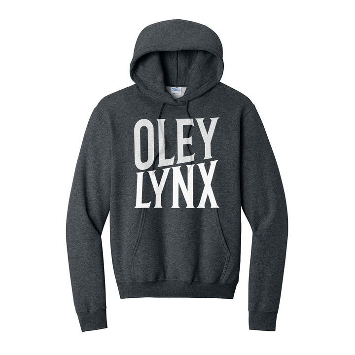 Oley Valley Lynx Block Stack hoodie in Dark Heather Grey: tall OLEY stacked over LYNX in condensed block letters