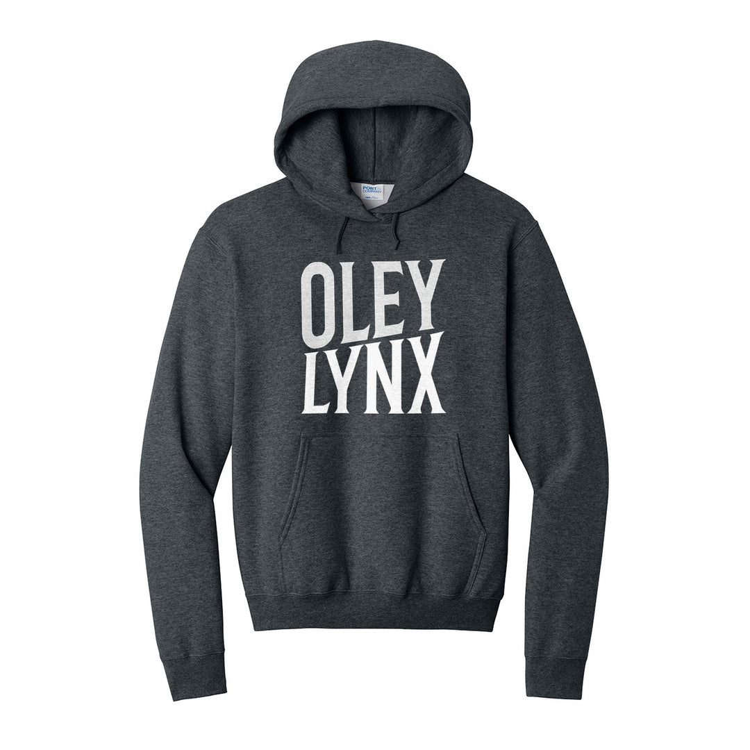 Oley Valley Lynx Block Stack hoodie in Dark Heather Grey: tall OLEY stacked over LYNX in condensed block letters