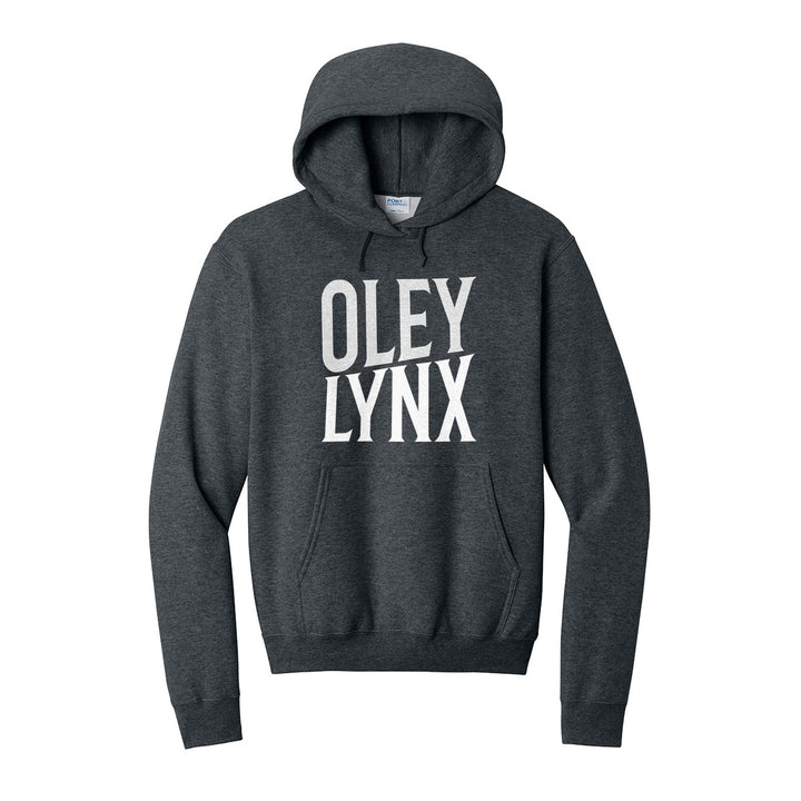 Oley Valley Lynx Block Stack hoodie in Dark Heather Grey: tall OLEY stacked over LYNX in condensed block letters