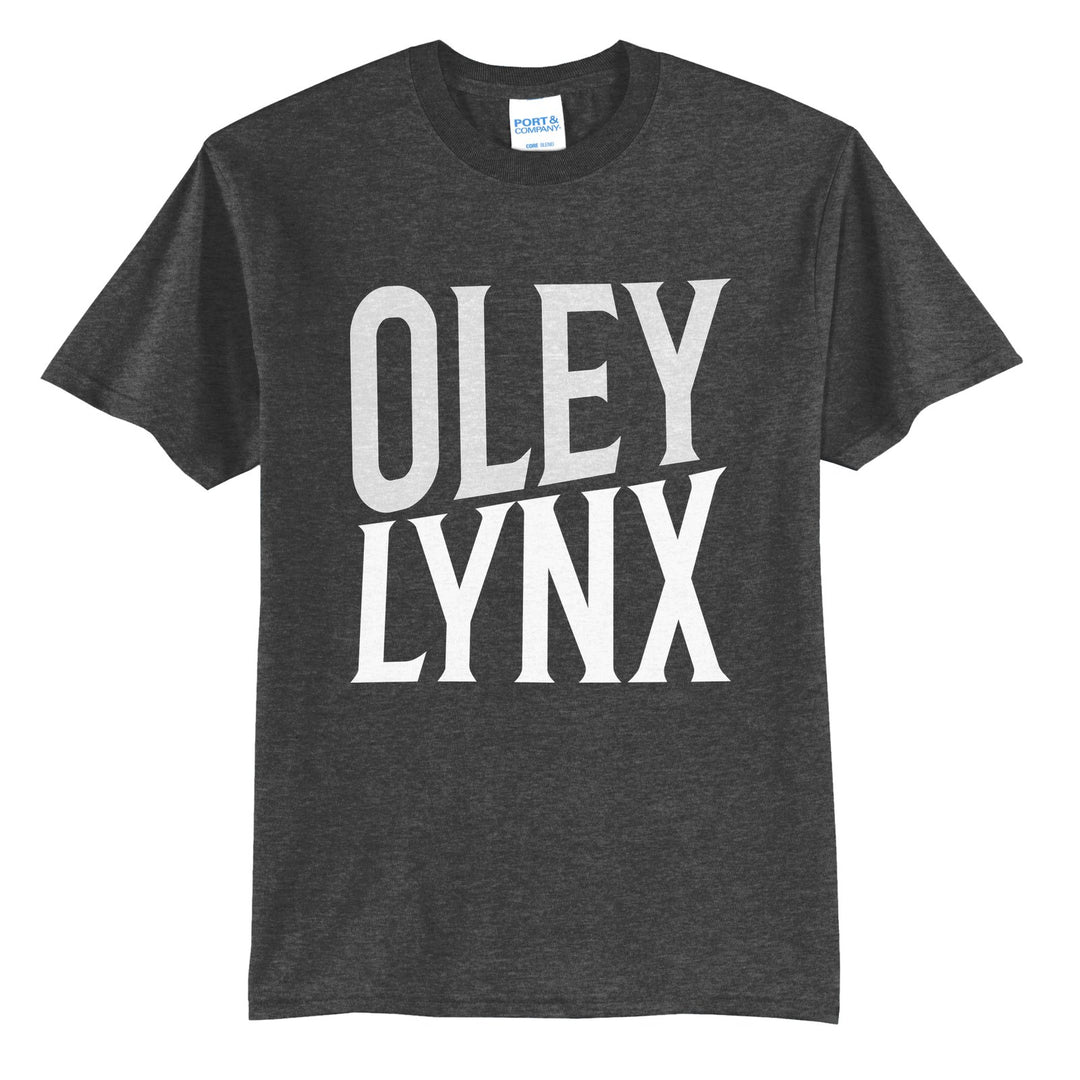 Oley Valley Lynx Block Stack t-shirt in Dark Heather Grey: tall OLEY stacked over LYNX in condensed block letters