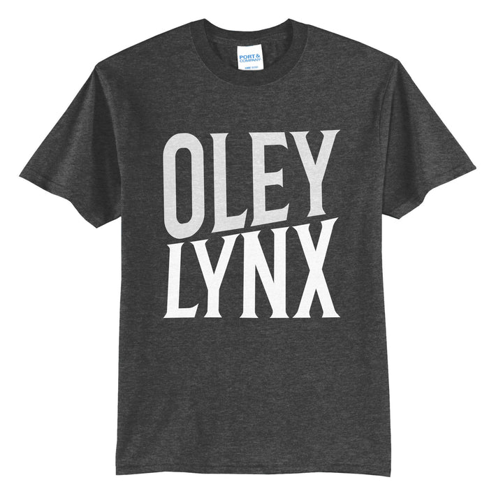 Oley Valley Lynx Block Stack t-shirt in Dark Heather Grey: tall OLEY stacked over LYNX in condensed block letters