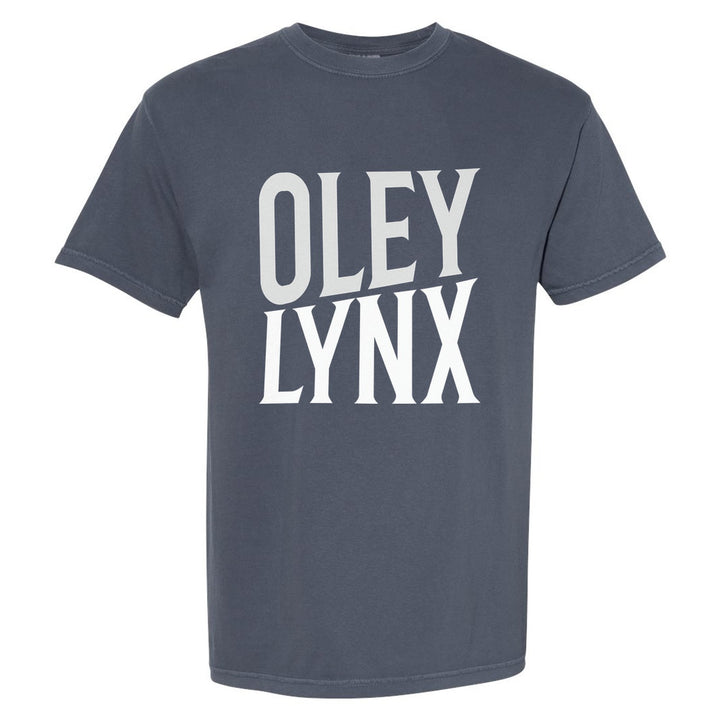 Oley Valley Lynx Block Stack comfort colors t-shirt in Denim: tall OLEY stacked over LYNX in condensed block letters